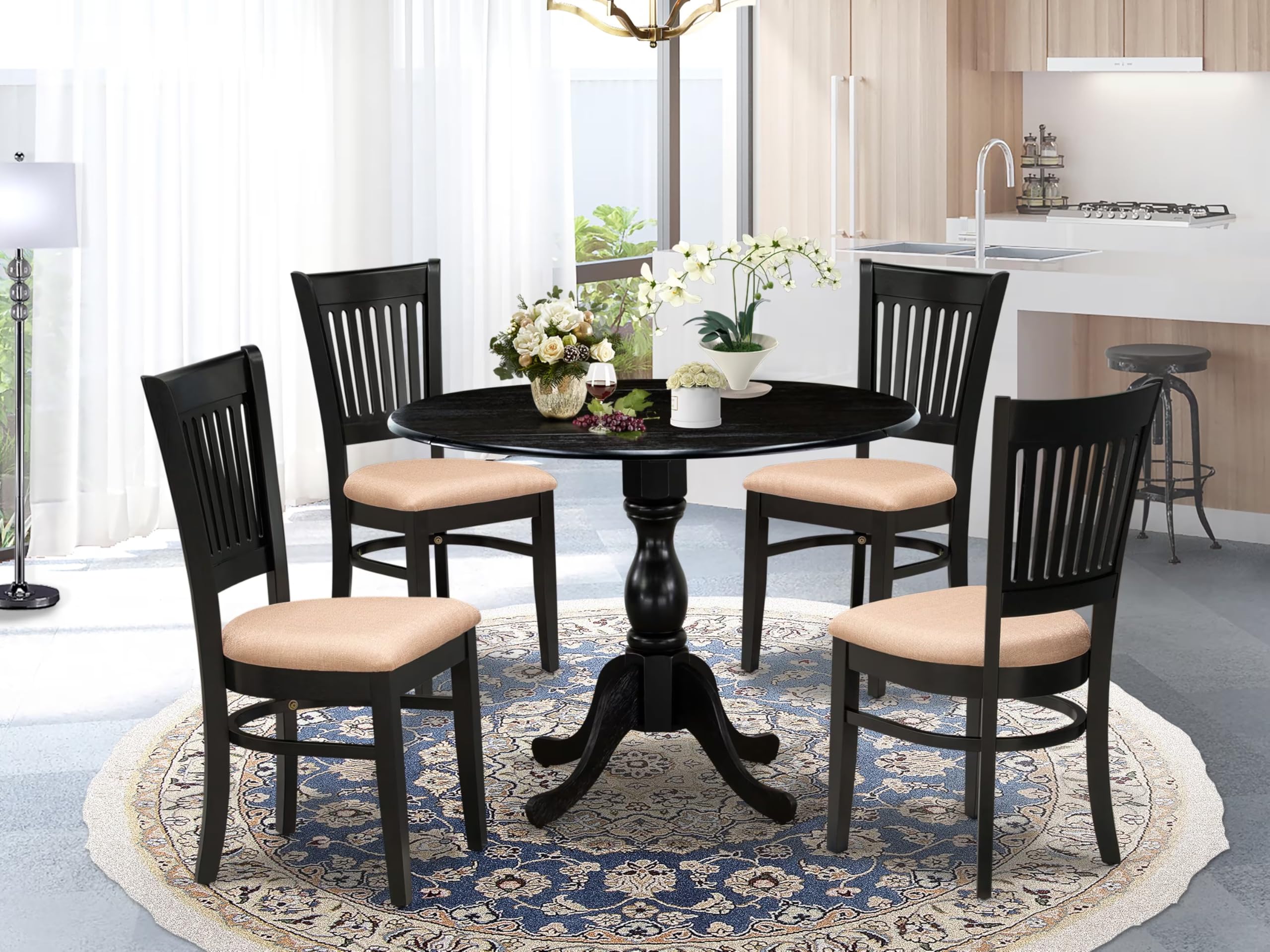 East West Furniture Dmva5-Blk-C 5 Piece Kitchen Table & Chairs Set Includes A Round Dining Room Table With Dropleaf And 4 Linen Fabric Upholstered Dining Chairs, 42X42 Inch, Black
